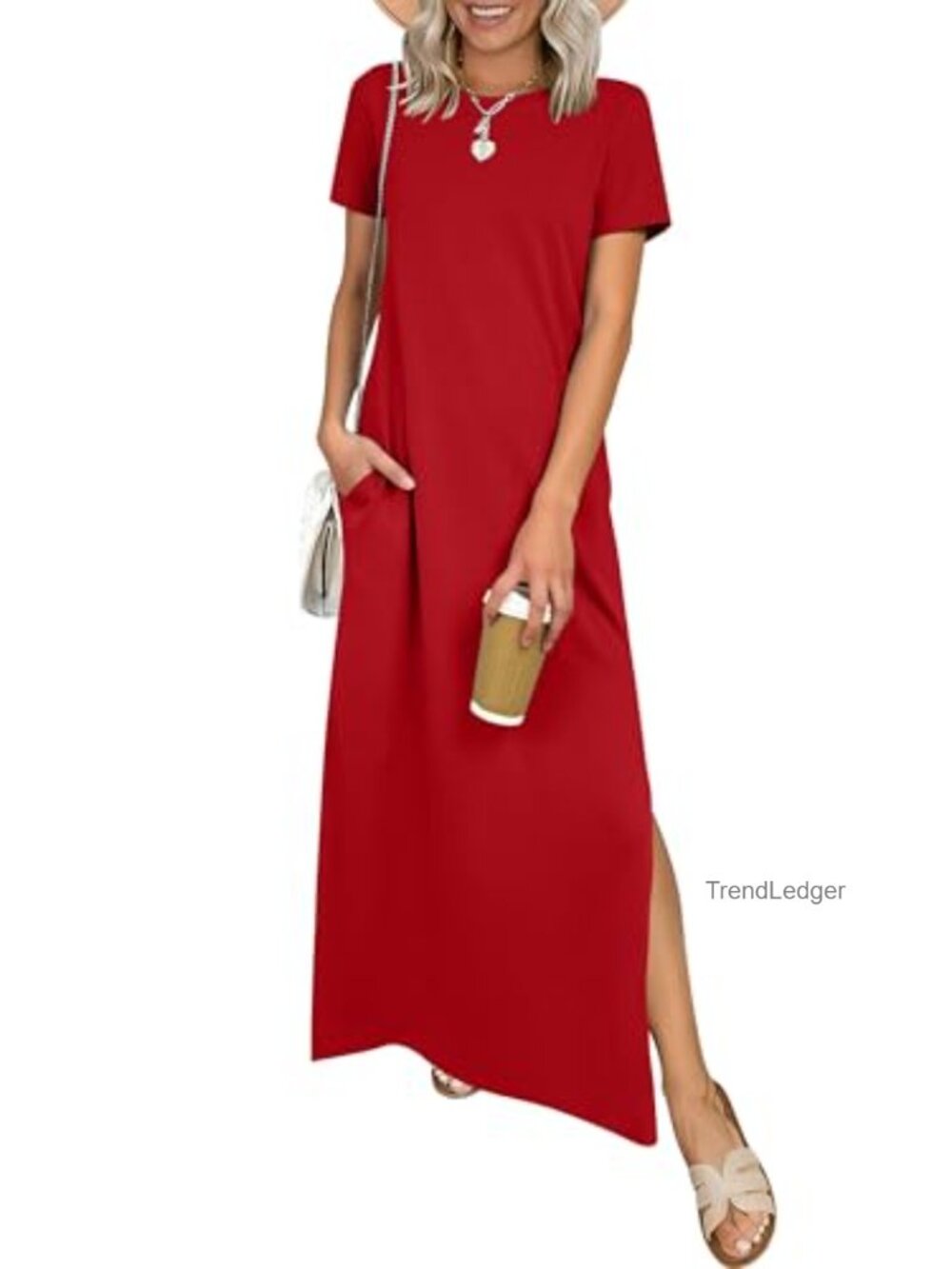 Wrinkle Free Maxi Dress with Pockets Short Sleeve Crewneck Side Slit